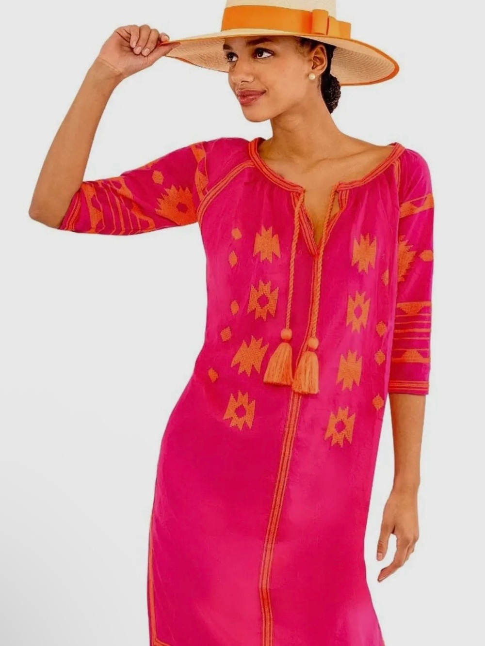 Gretchen Scott Montezuma Dress M Vibrant Pink Orange Embroidery Tassels Summer